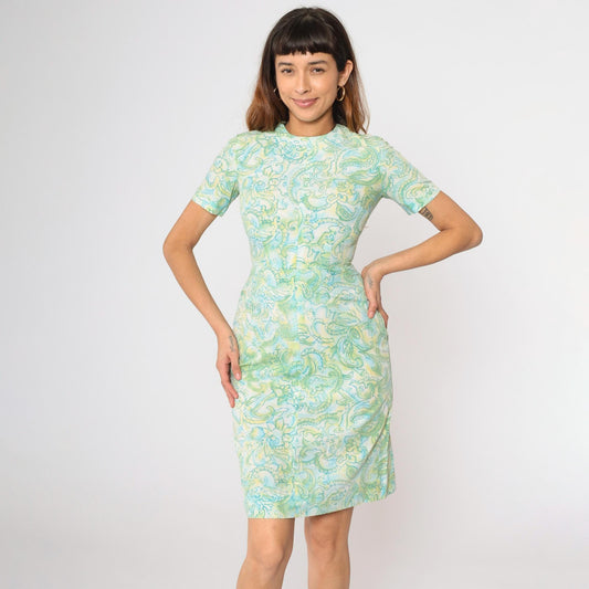 60s Abstract Floral Sheath Dress Green Blue Mini Short Sleeve Extra Small