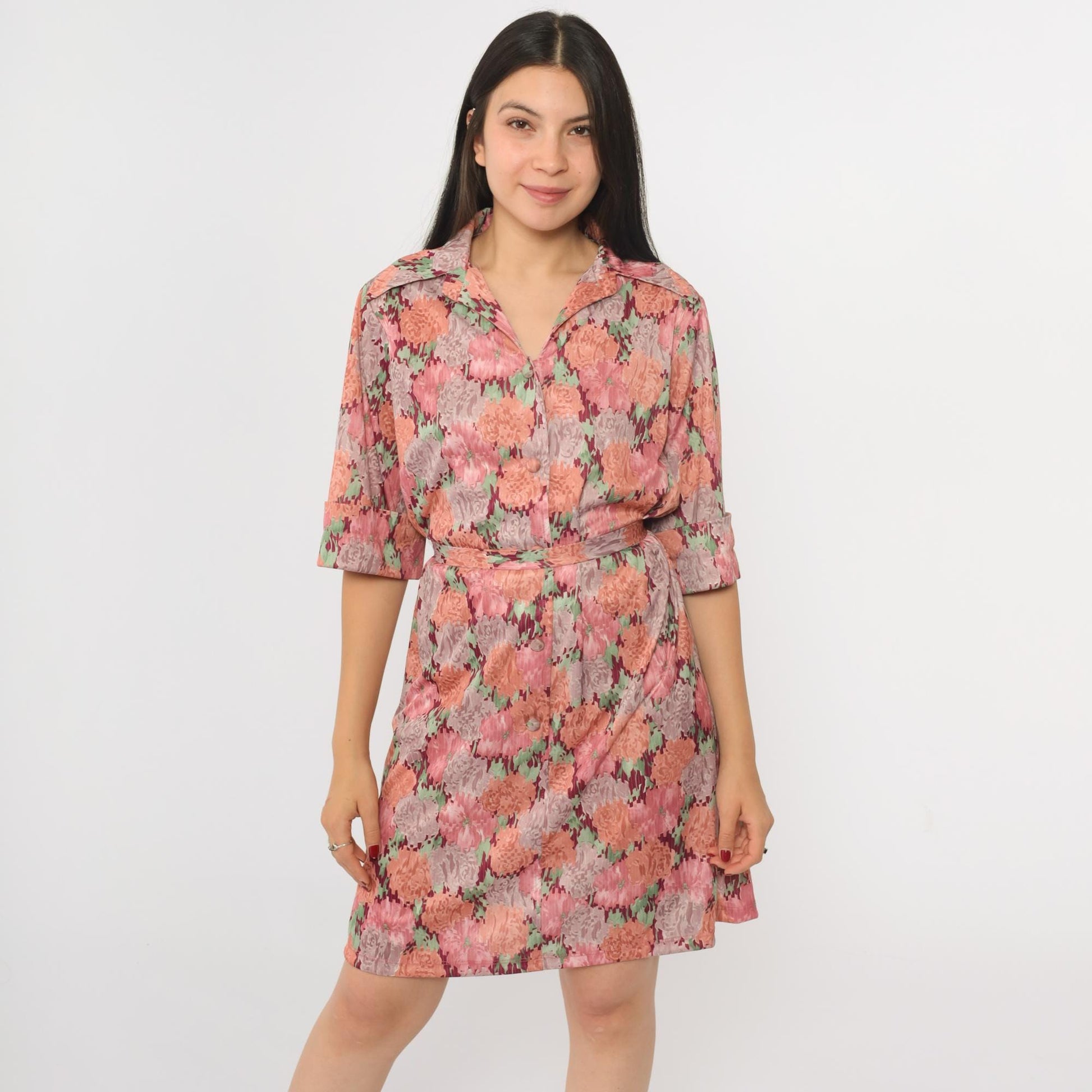 70s Pink Floral Shift Mini Dress Button-Up Half Sleeve Tie Belt Extra Large