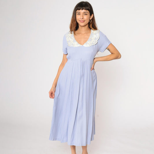 90s Lavender Midi Dress Soutache Lace Collar High Waist Pleated Small