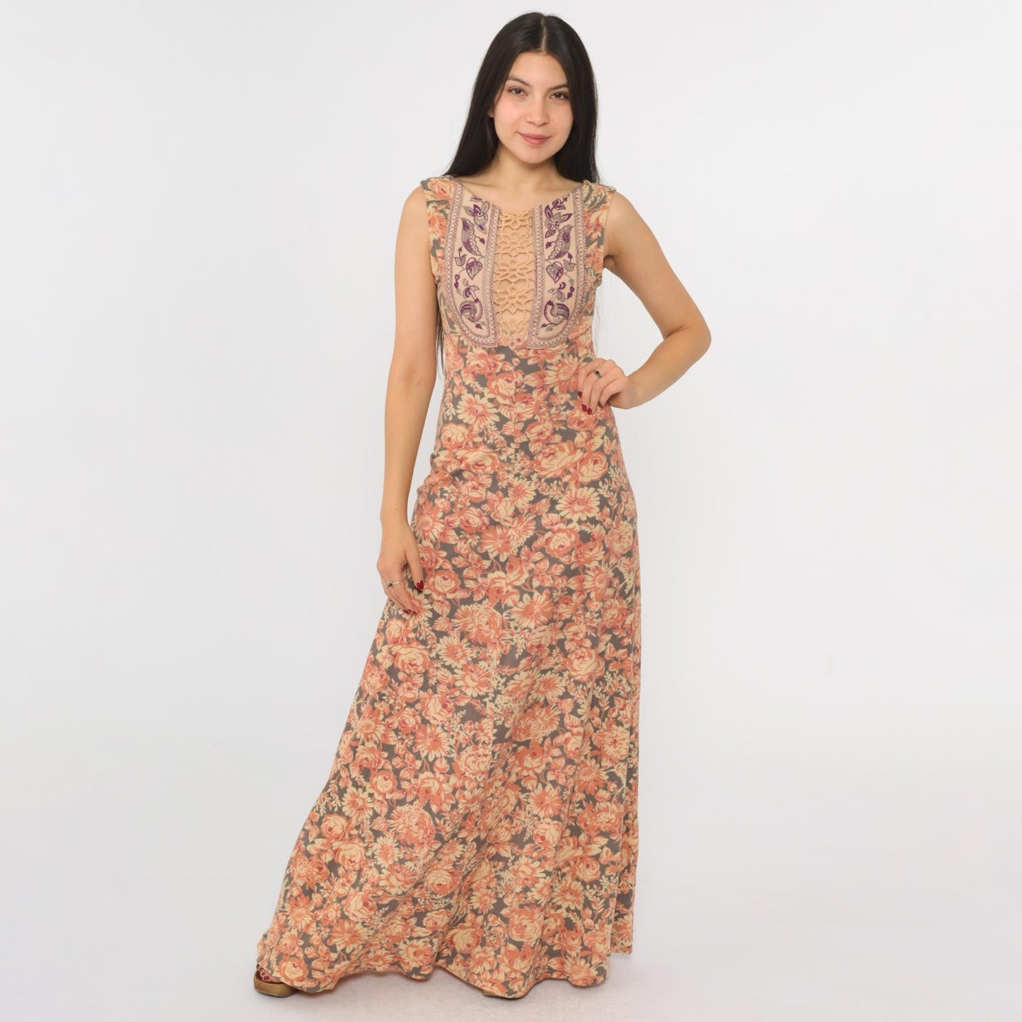 70s Floral Maxi Dress Embroidered Birds Keyhole Lace Sleeveless Grey Orange Extra Small