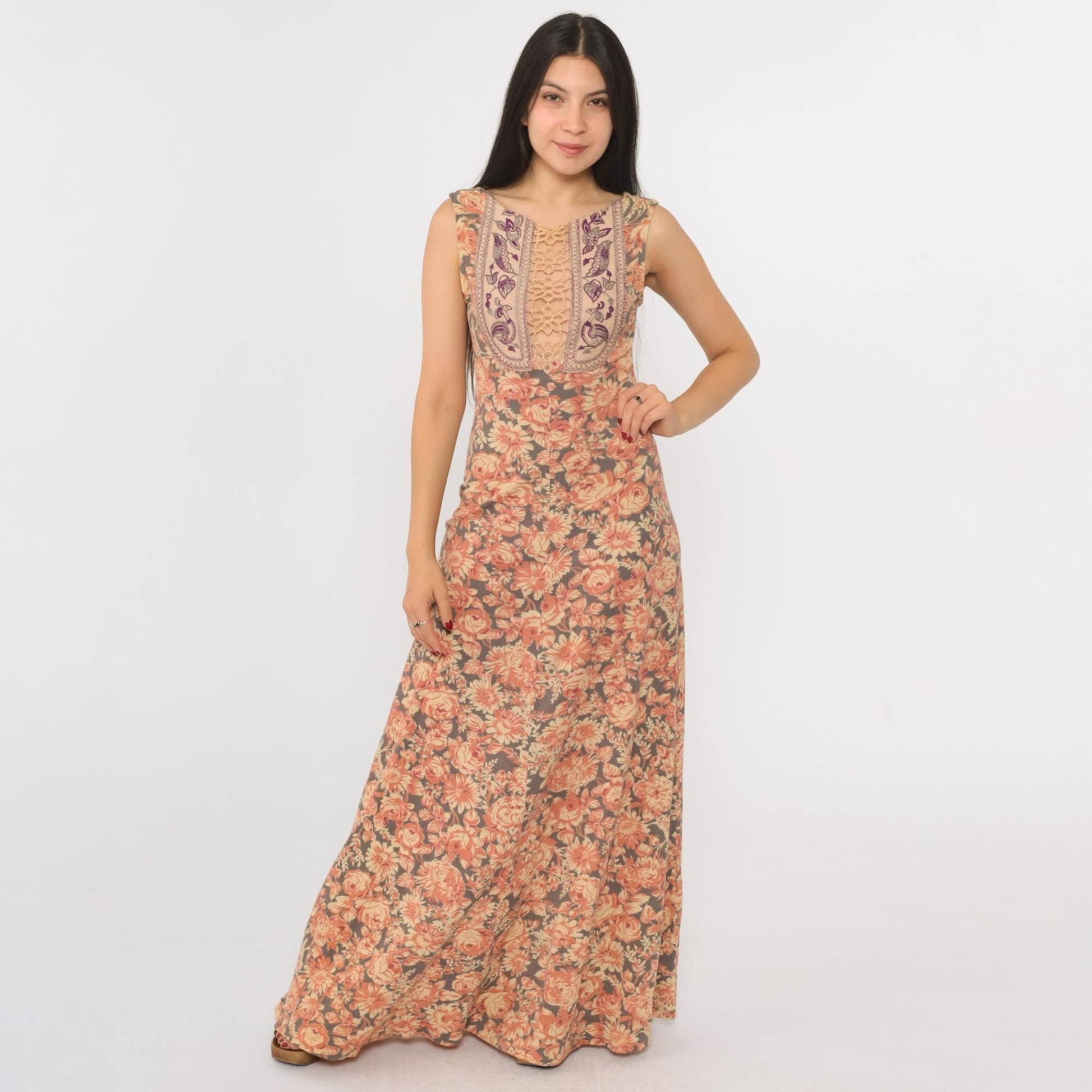 70s Floral Maxi Dress Embroidered Birds Keyhole Lace Sleeveless Grey Orange Extra Small