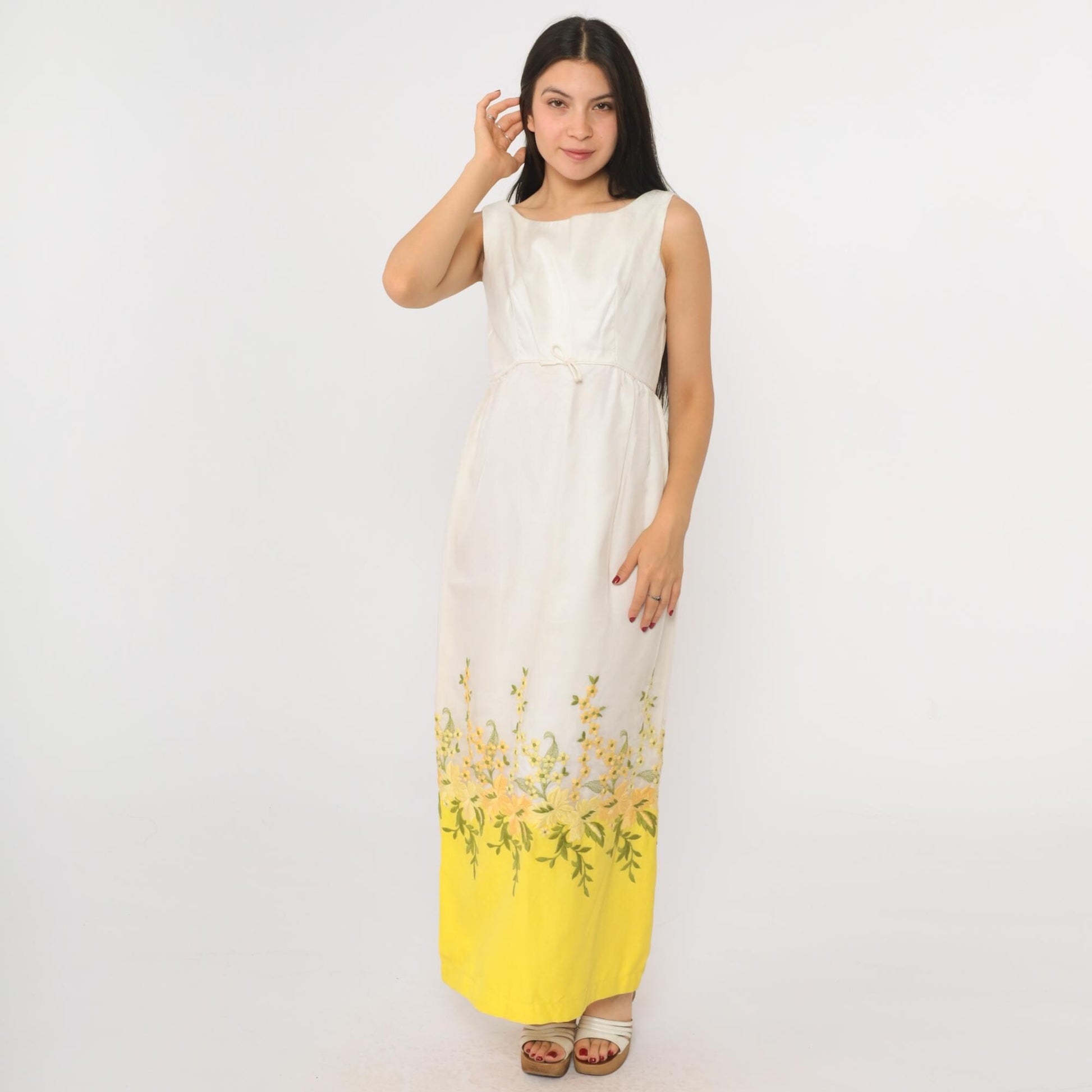 60s Franklin Simon Floral Embroidered Maxi Dress White Yellow Sleeveless Small