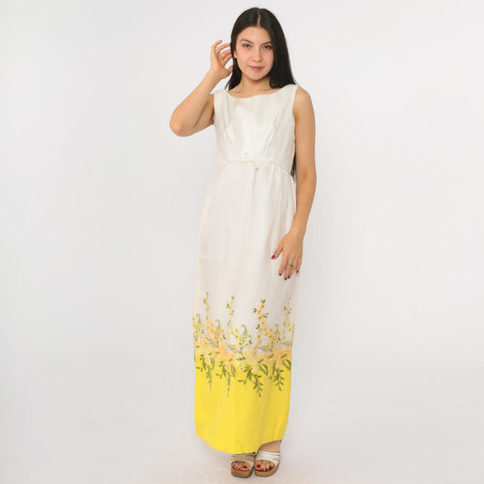 60s Franklin Simon Floral Embroidered Maxi Dress White Yellow Sleeveless Small