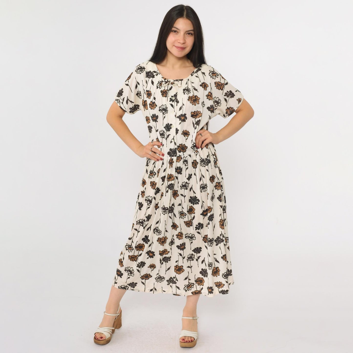 60s White Floral Bow Neck Button-Up Midi Dress Black Brown Print Large L