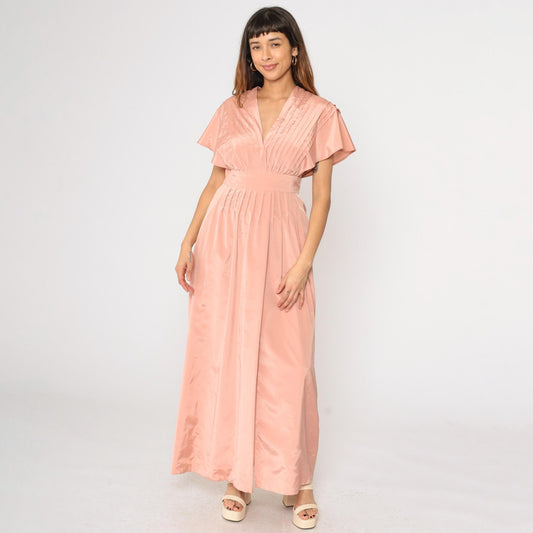 70s Pink Pleated Maxi Dress Flutter Sleeve V-Neck High Waist Front Slit Medium