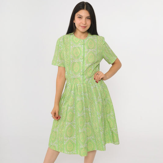 60s Green Floral Button-Up Dress Knee Length Pleated Skirt Small