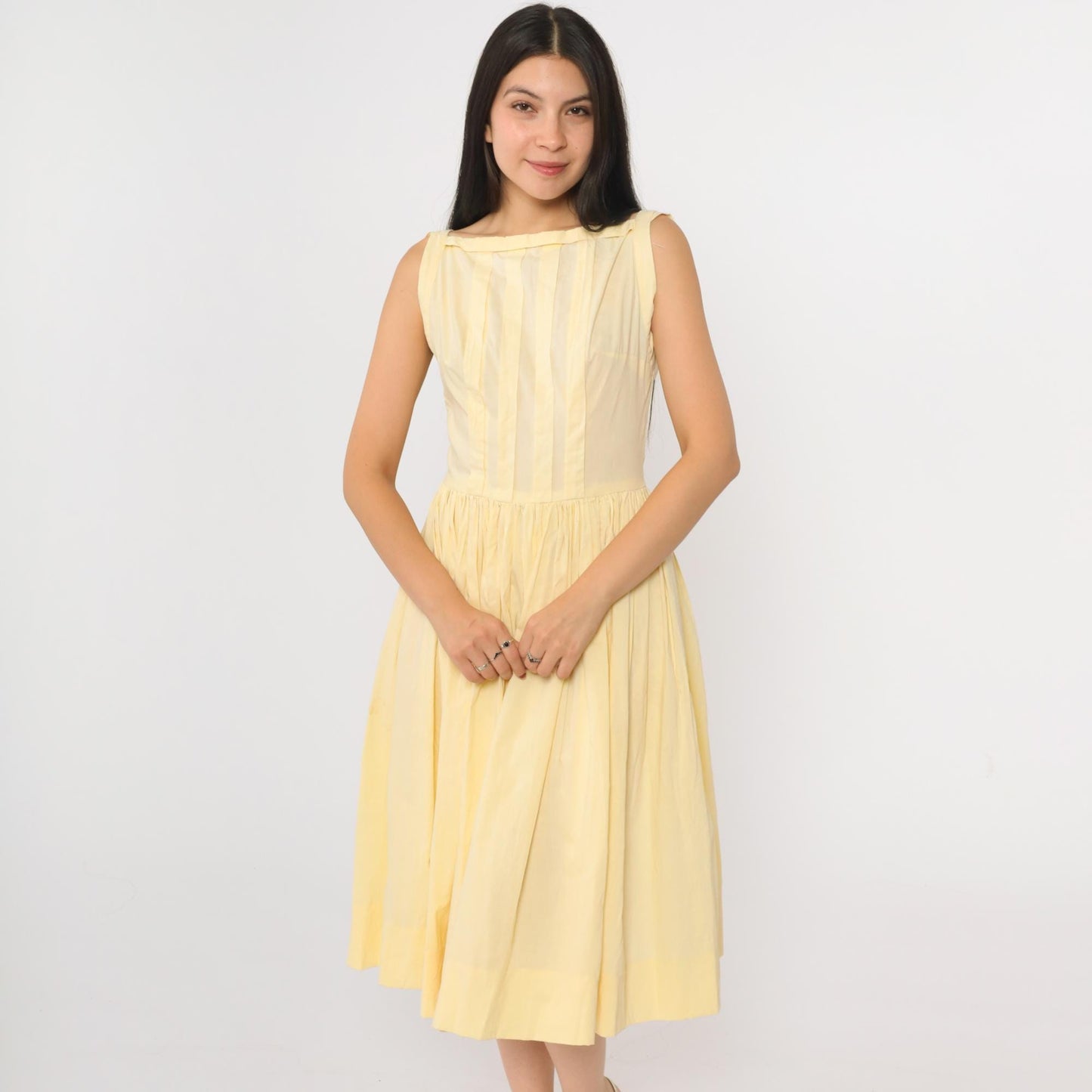 60s Yellow Boatneck Midi Dress Pleated Full Skirt Sleeveless Extra Small
