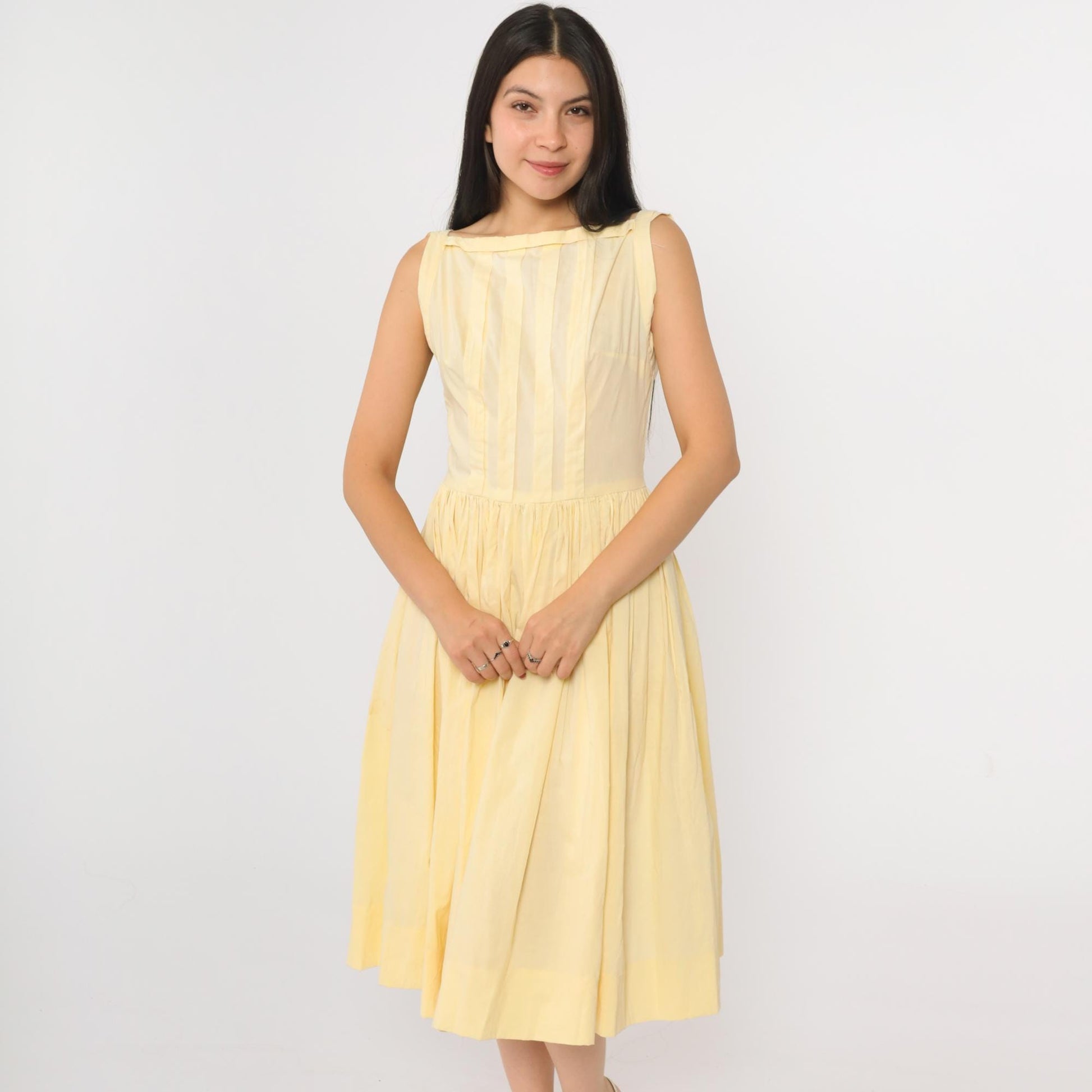 60s Yellow Boatneck Midi Dress Pleated Full Skirt Sleeveless Extra Small