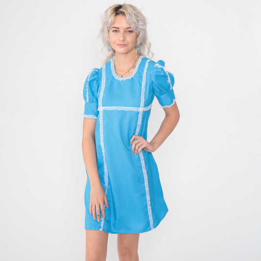60s Babydoll Mini Dress Puff Sleeve Blue Lace Trim Empire Waist Small