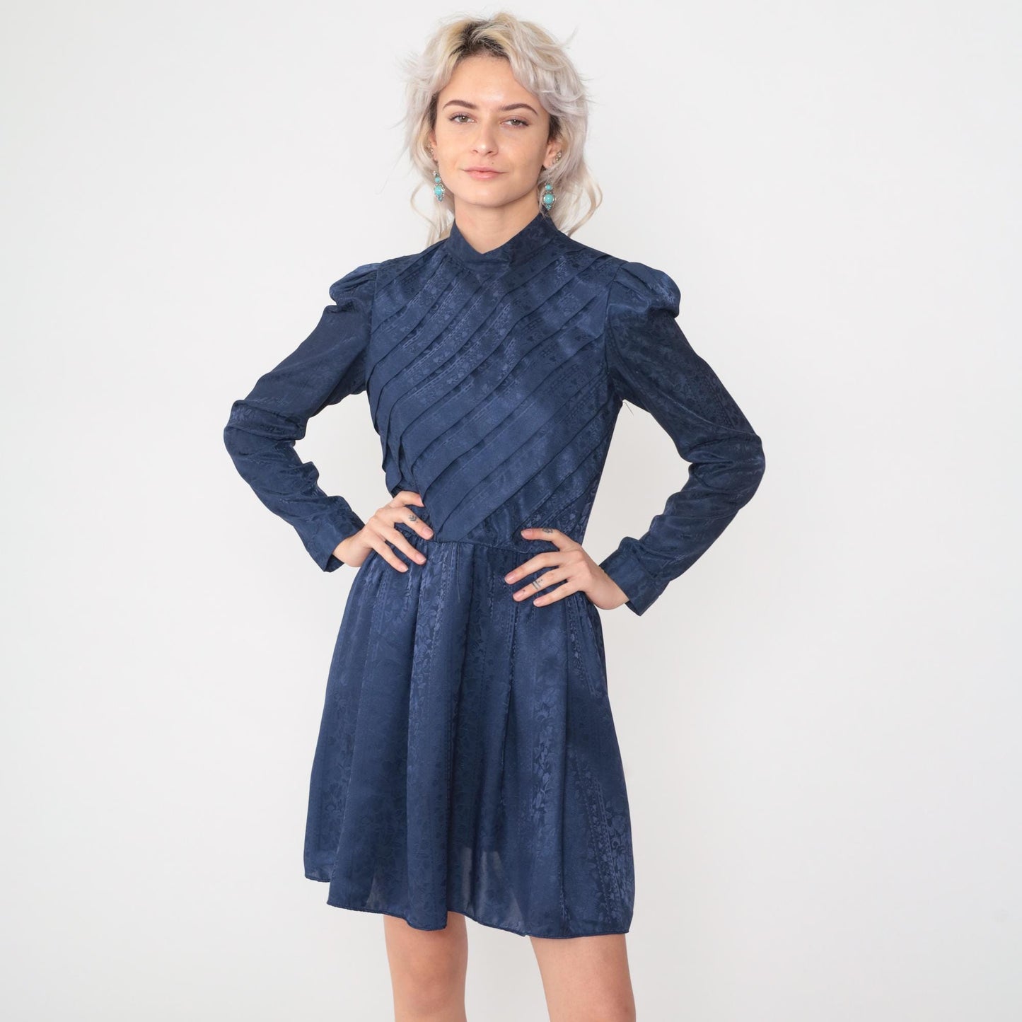 80s Navy Floral Jacquard Mini Dress Mock Neck Puff Sleeve High Waist Small