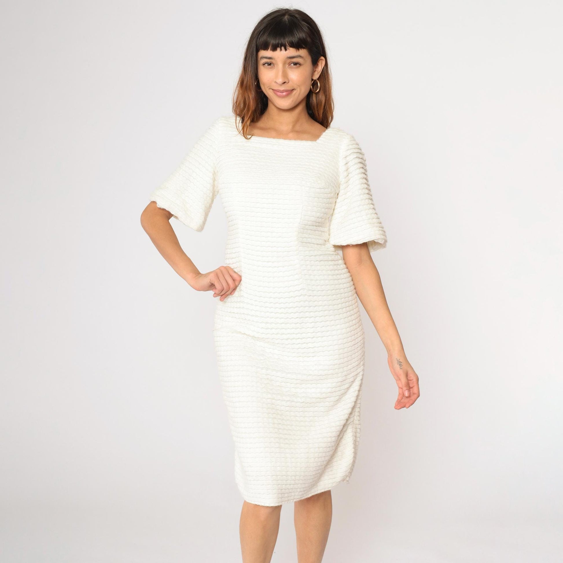 60s White Textured Knit Dress Square Neck Puff Sleeve Sheath Midi Small