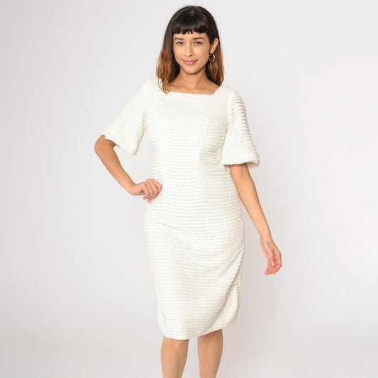 60s White Textured Knit Dress Square Neck Puff Sleeve Sheath Midi Small