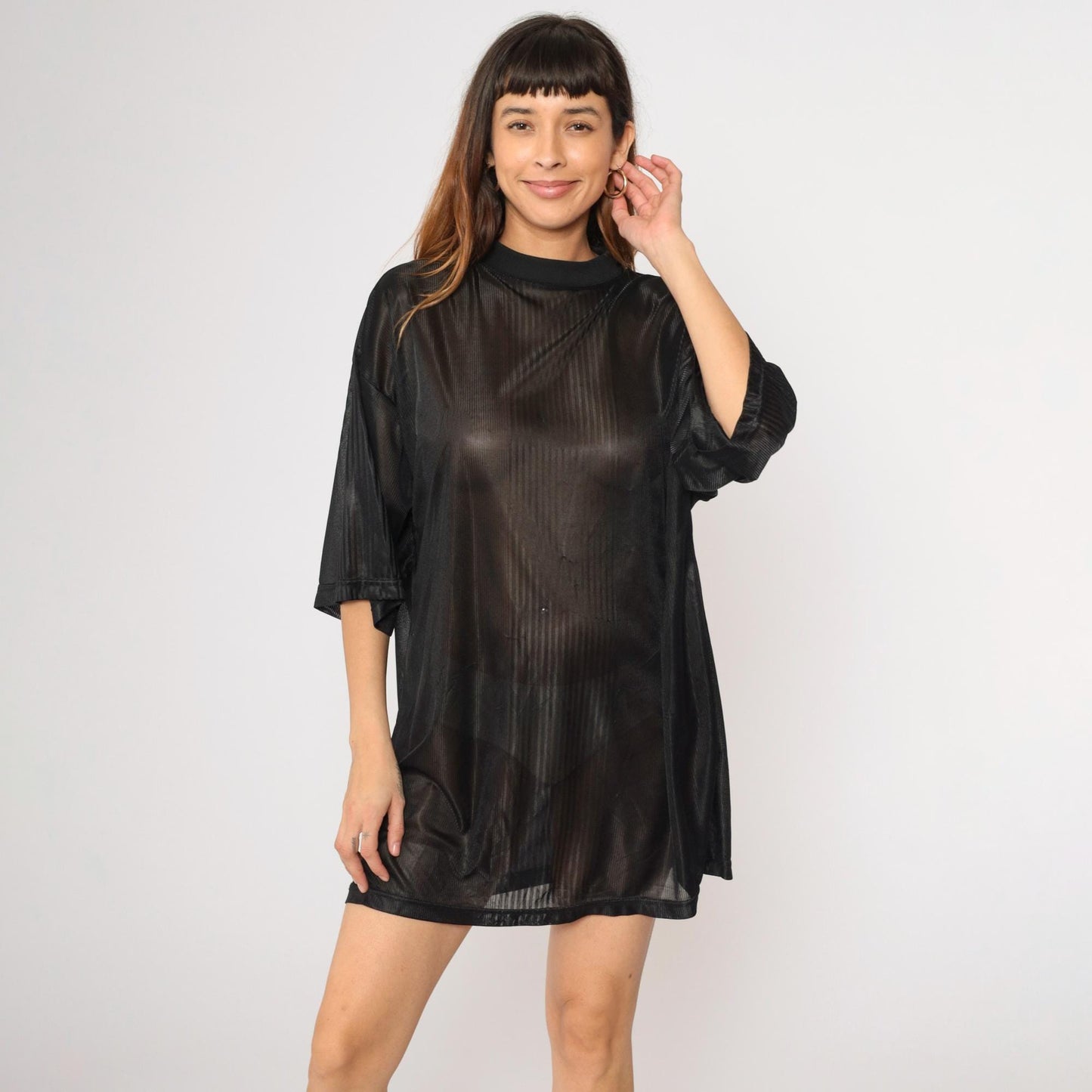 90s Sheer Black Striped Polyester T-Shirt XXL