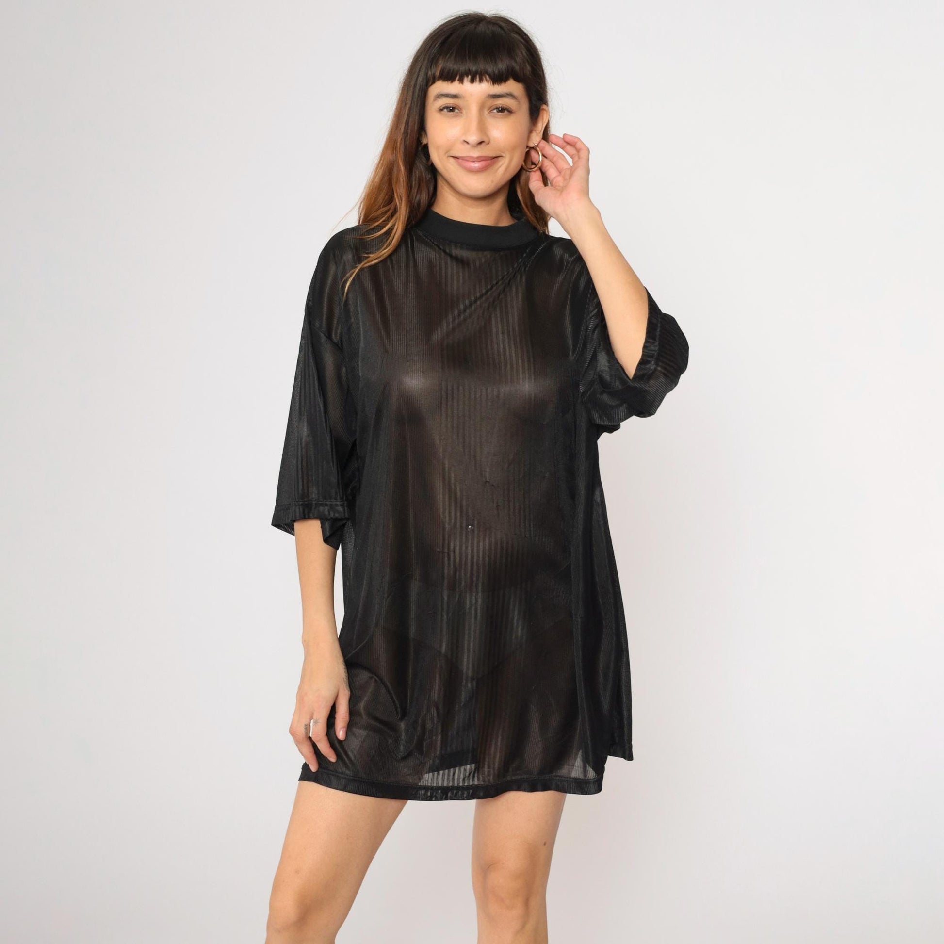 90s Sheer Black Striped Polyester T-Shirt XXL