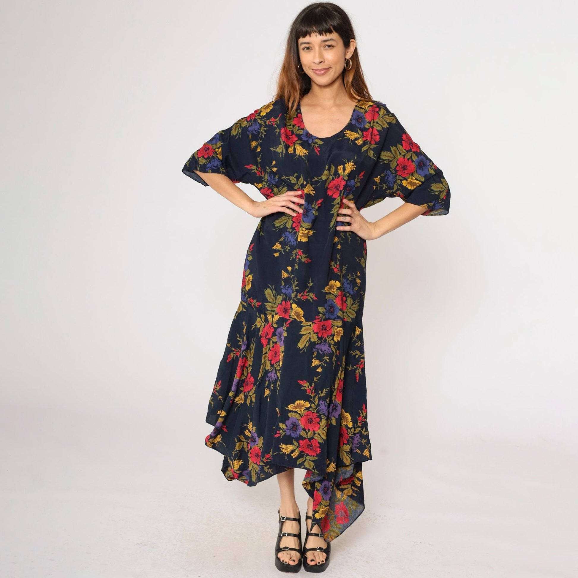 90s Navy Floral Maxi Dress Asymmetrical Hanky Hem Drop Waist Medium