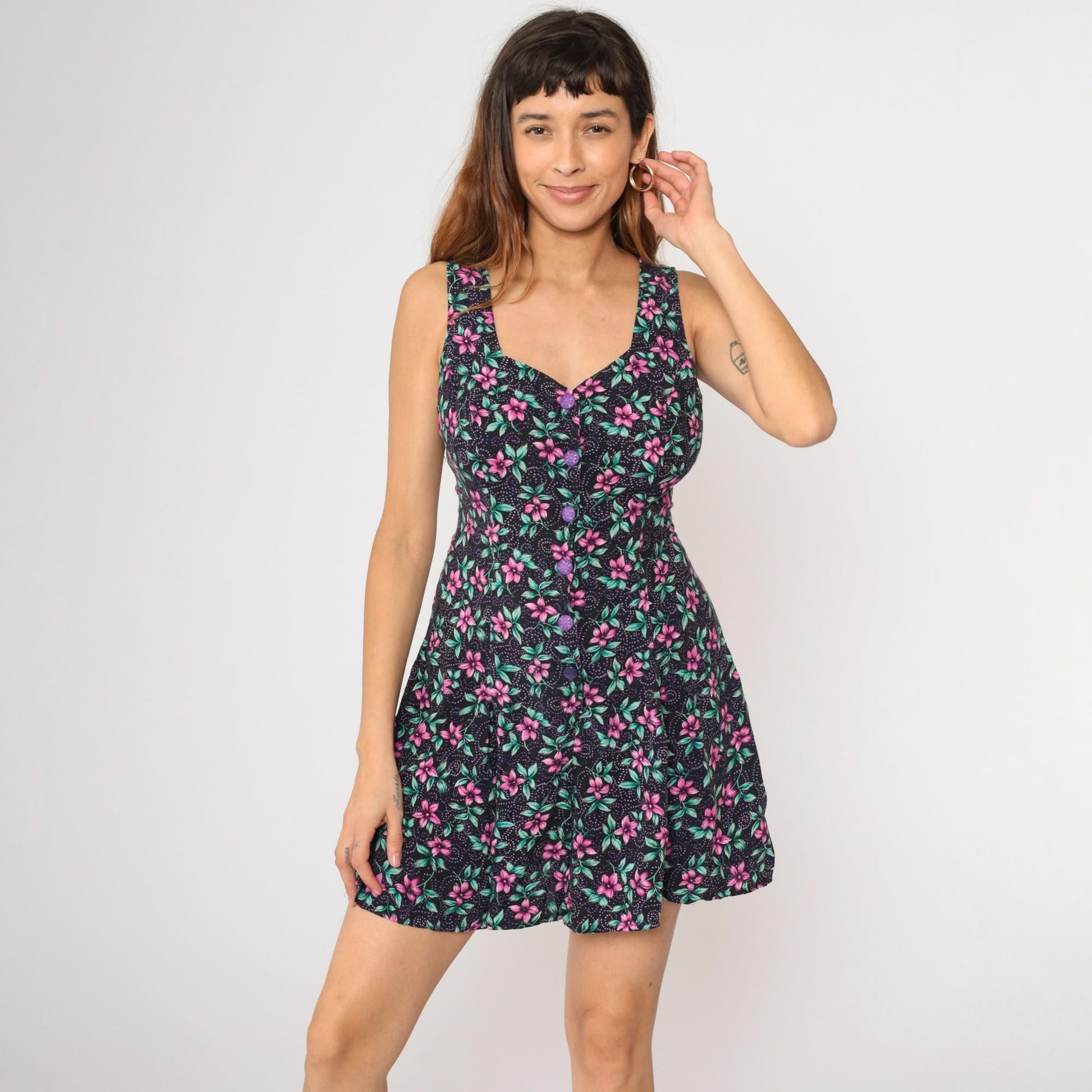 90s Joni Blair Black Floral Romper Sweetheart Neckline Wide Leg Medium