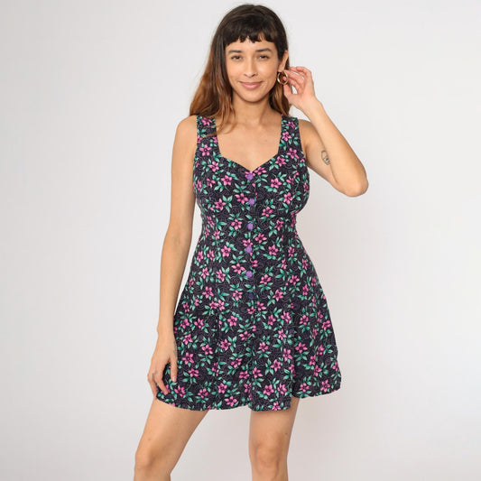 90s Joni Blair Black Floral Romper Sweetheart Neckline Wide Leg Medium