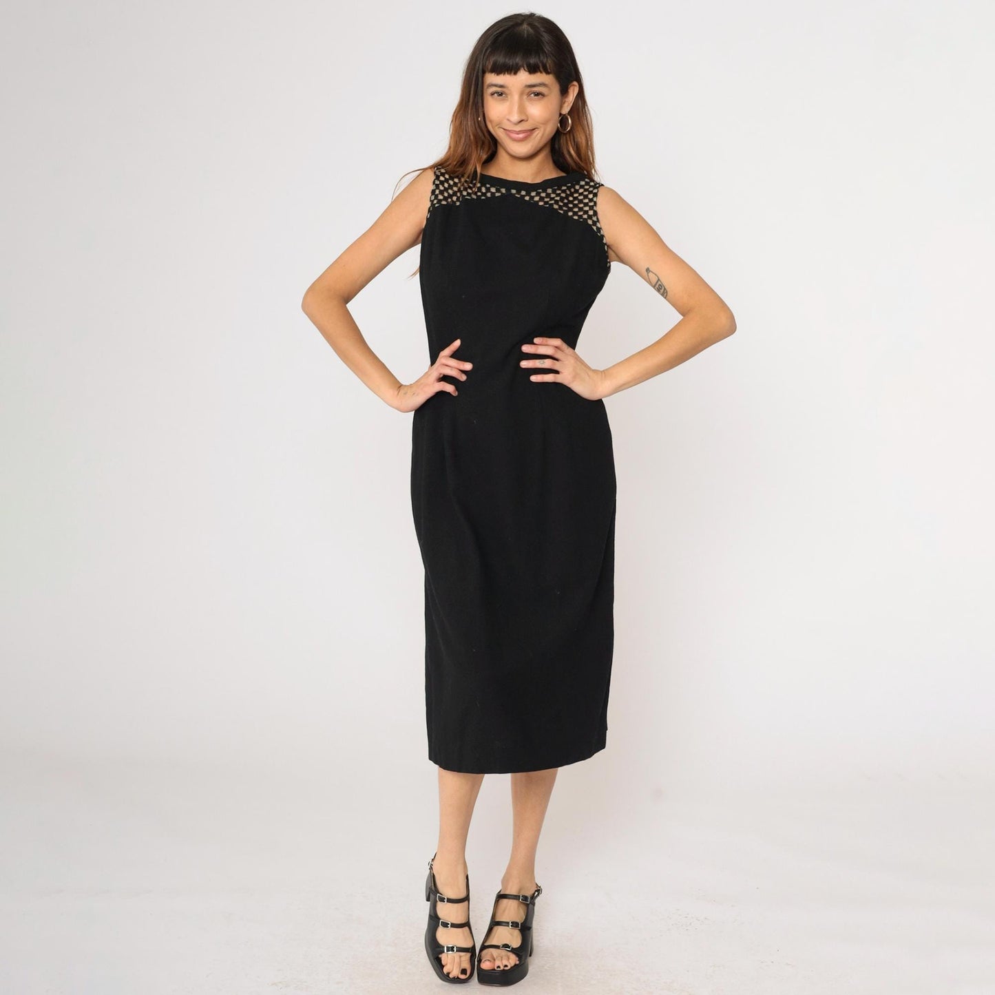 1960s Black Wool Midi Cocktail Dress Sheer Checkered Yoke Sleeveless Medium