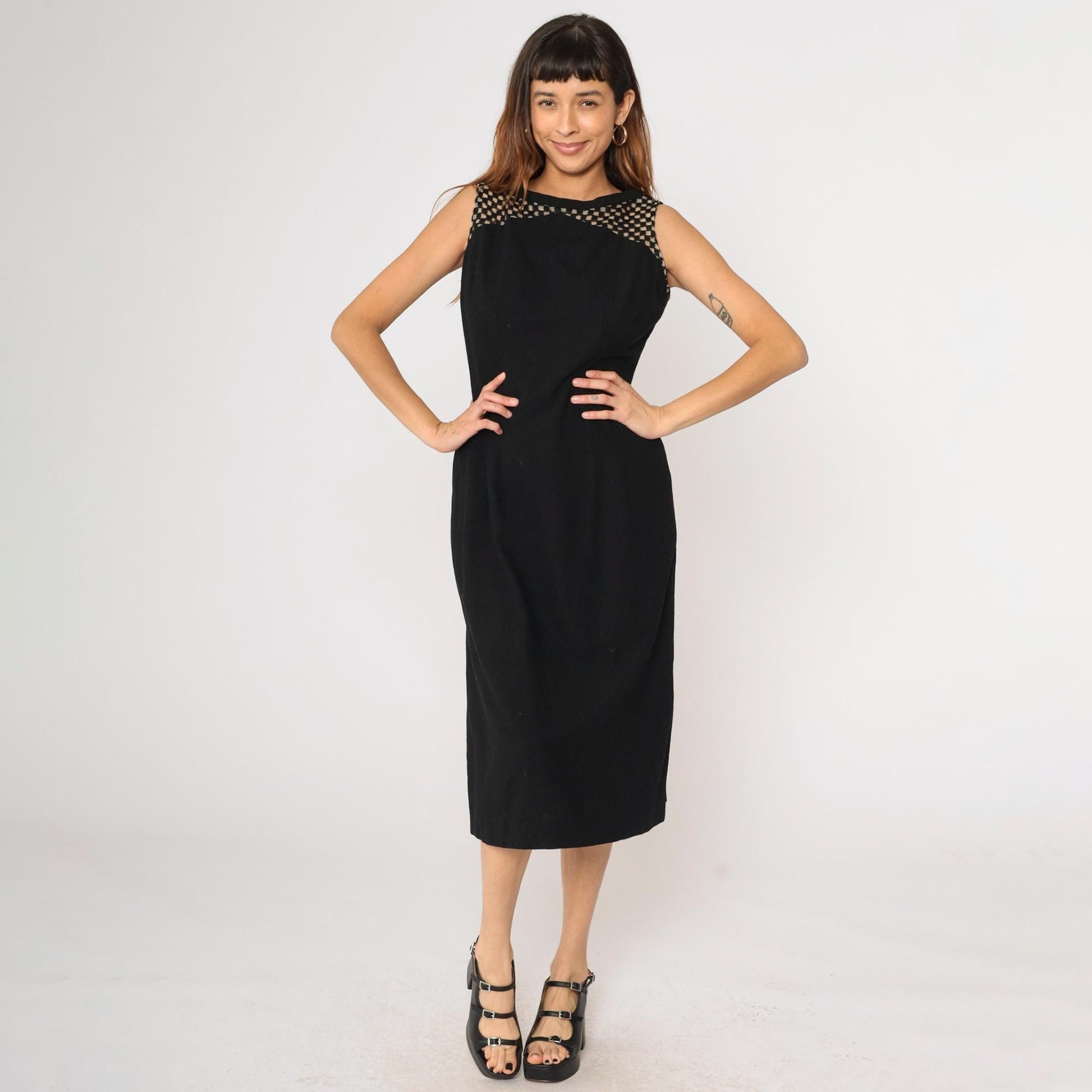 1960s Black Wool Midi Cocktail Dress Sheer Checkered Yoke Sleeveless Medium