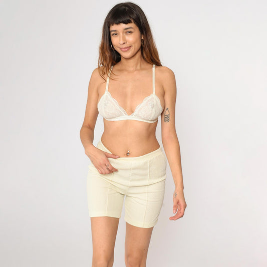 70s Light Yellow High-Waist Shorts Textured Polyester Elastic Waist Medium