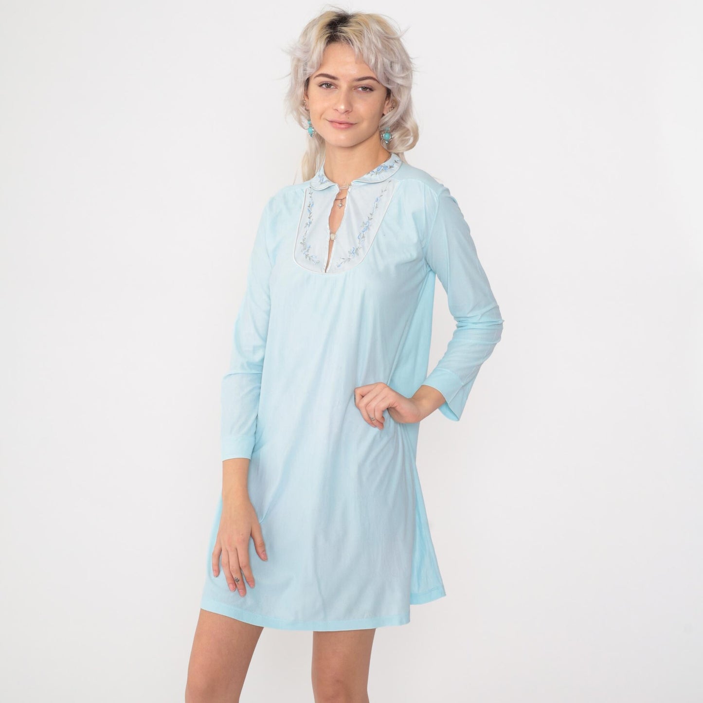70s Baby Blue Embroidered Floral Pajama Dress Nylon Nightgown Mini Small