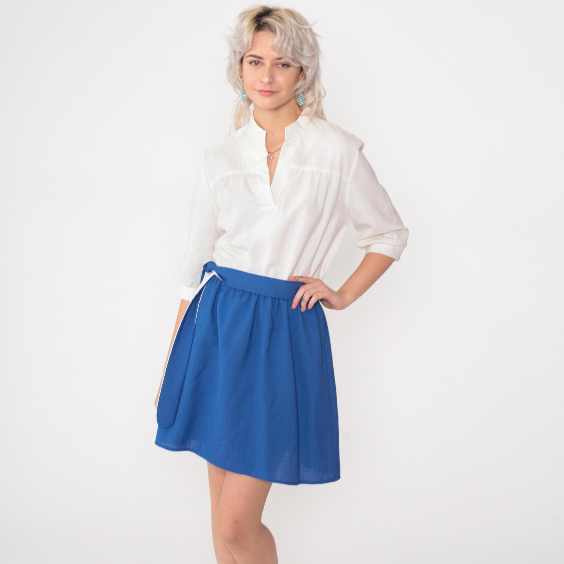 80s Two-Tone Mini Dress Royal Blue White Color Block High Waist Medium M