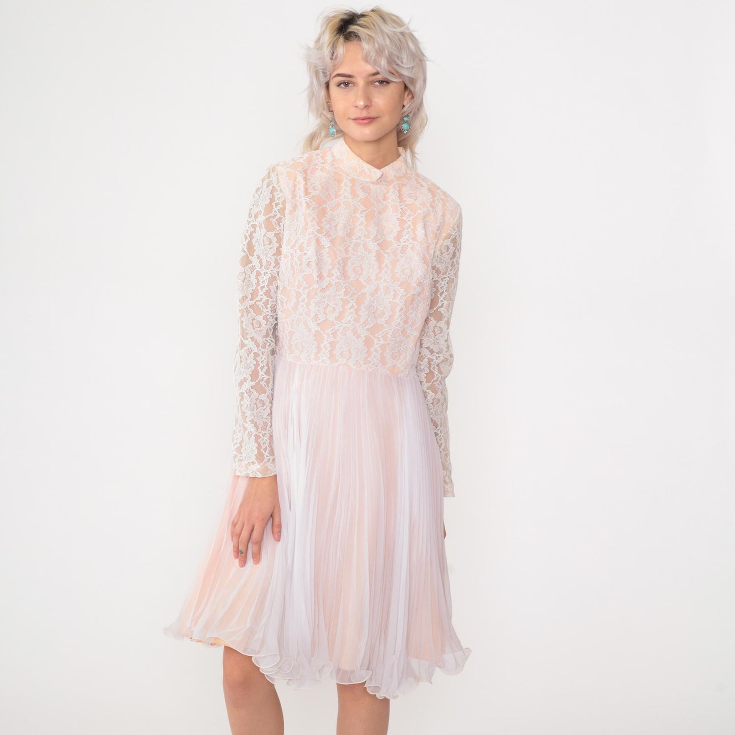 60s White Lace Chiffon Midi Dress Long Sleeve High Waist Mock Neck Medium M