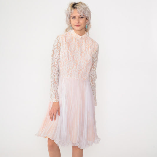 60s White Lace Chiffon Midi Dress Long Sleeve High Waist Mock Neck Medium M