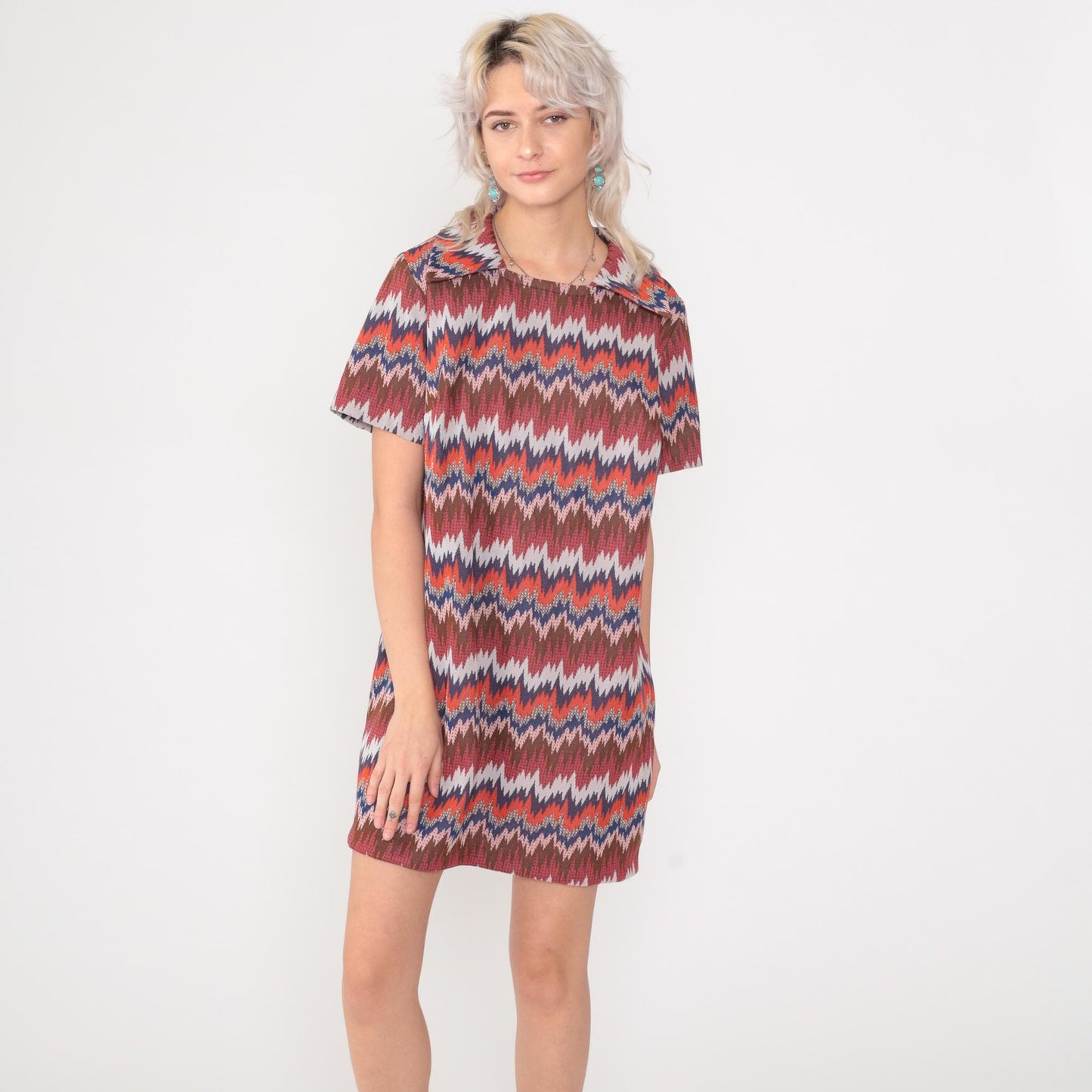 1960s Psychedelic Striped Mod Shift Dress Mini Orange Brown Blue Large