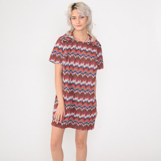 1960s Psychedelic Striped Mod Shift Dress Mini Orange Brown Blue Large
