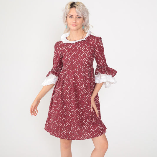 70s Burgundy Polka Dot Prairie Dress Puff Sleeve Ruffle Collar Mini Cotton Extra Small