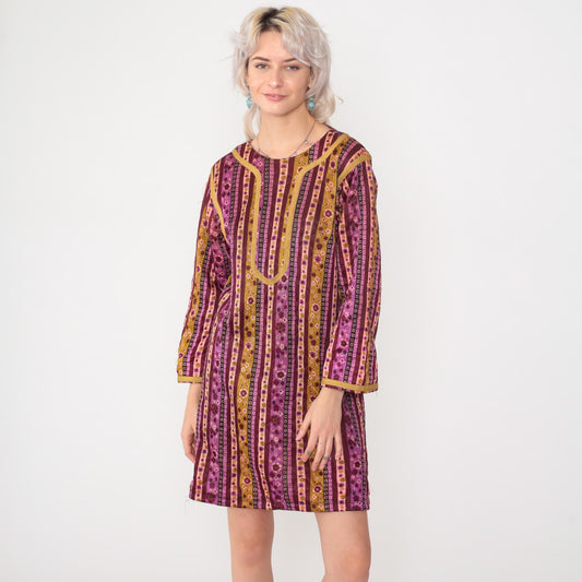70s Quilted Floral Shift Dress Purple Mustard Striped Mini Small S