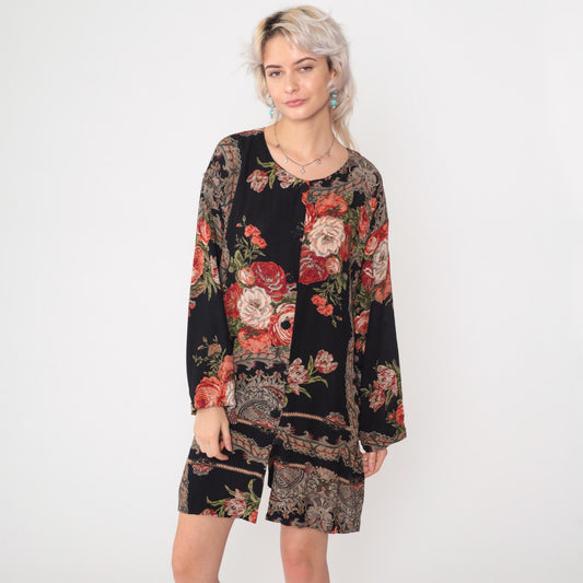 90s Frankly Feminine Floral Mini Dress Black Button-Up Shirtdress Medium