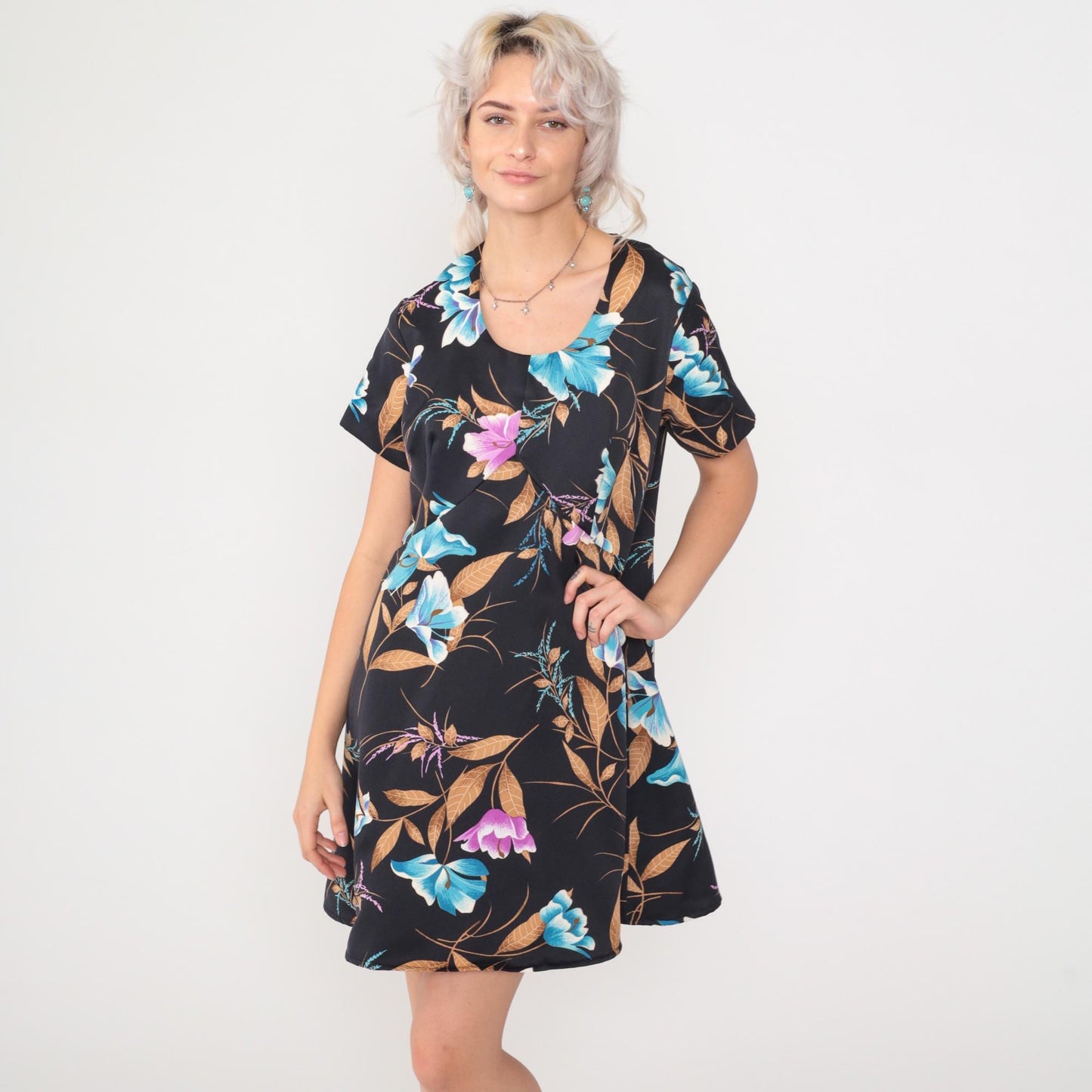 70s Tropical Floral Babydoll Dress Black Empire Waist Mini Scoop Neck Large