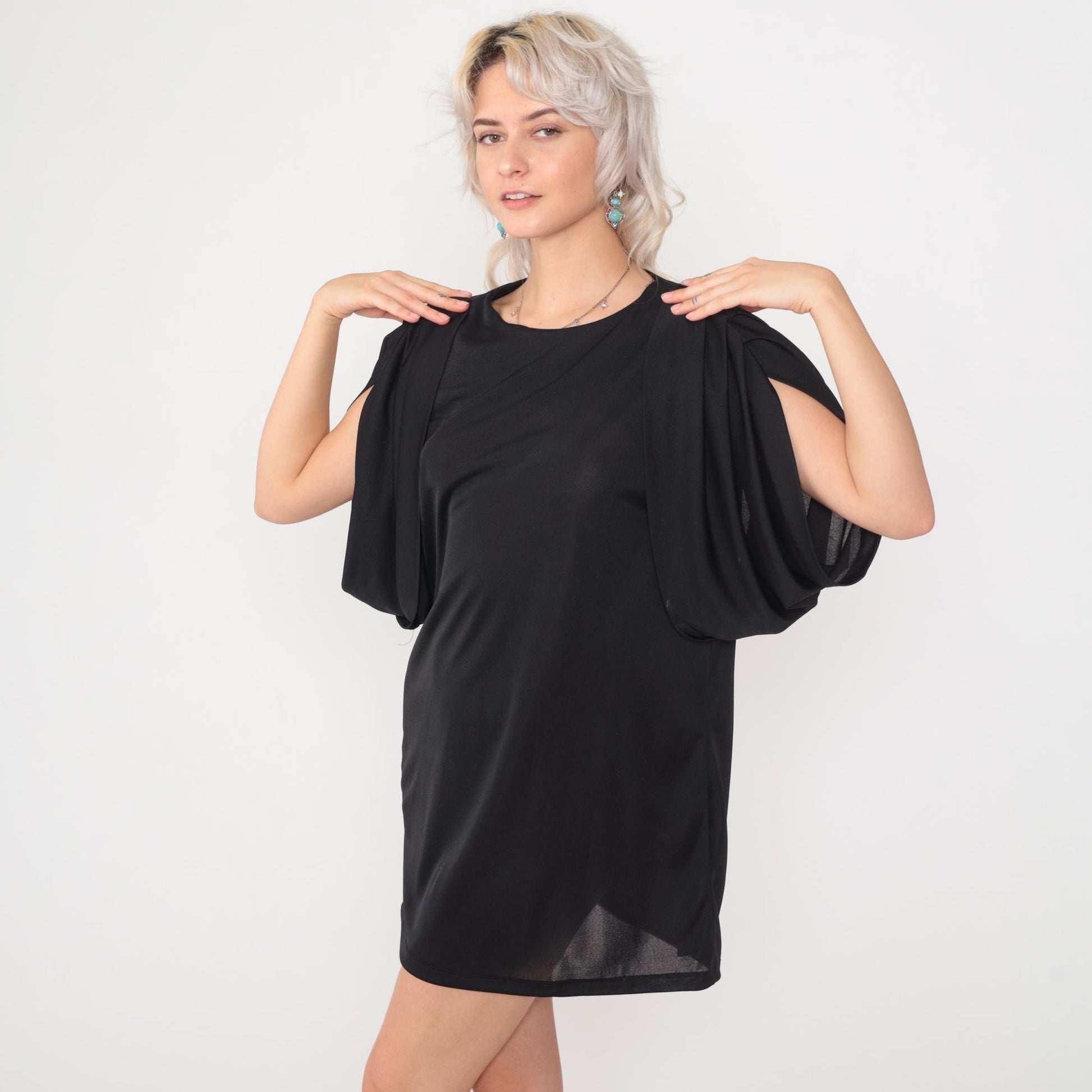 80s Patra Black Mini Shift Dress Cap Sleeve Keyhole Back Medium M