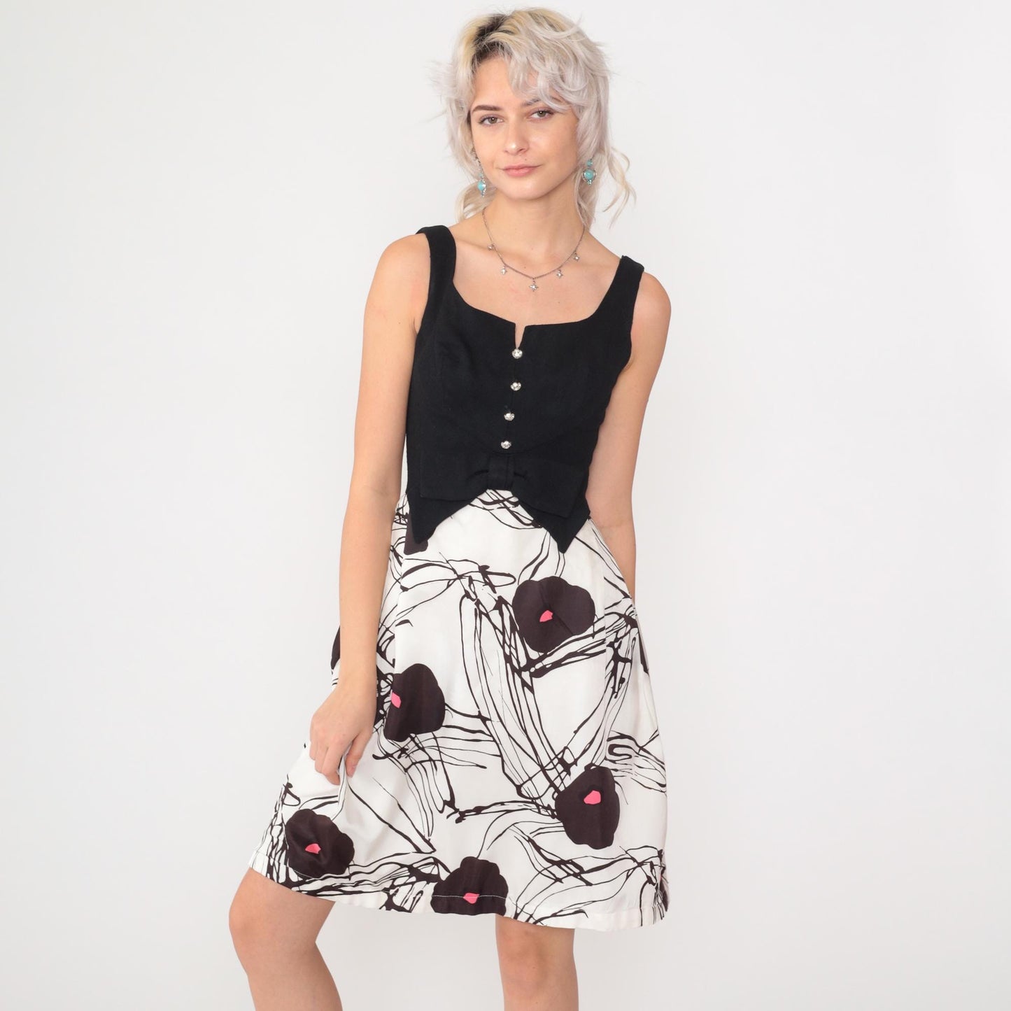 60s Black White Floral Mini Party Dress Bow Sleeveless A-Line Extra Small