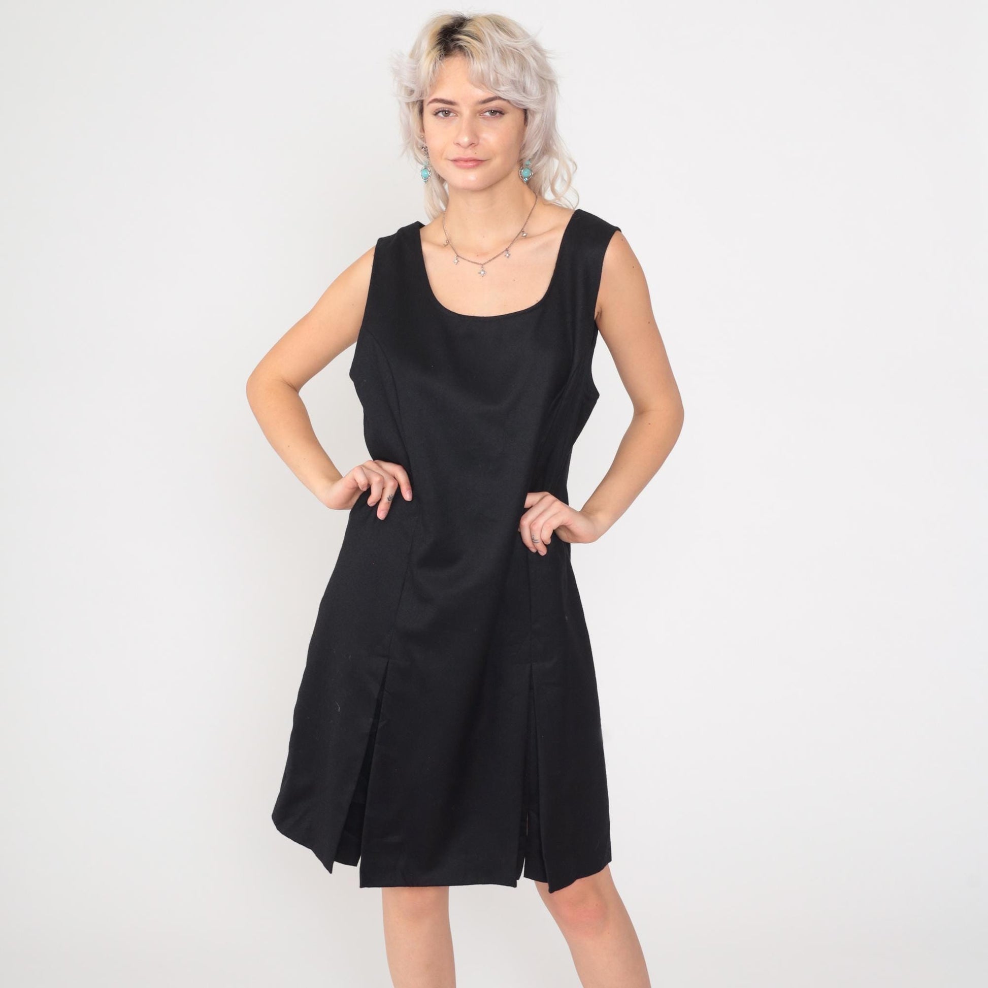 90s Rafaella Black Wool Shift Dress Pleated Scoop Neck Sleeveless Mini Large