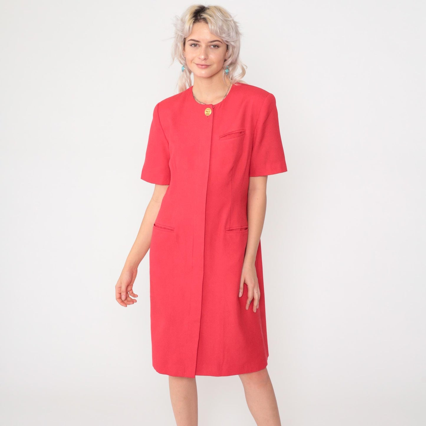 90s Kasper Red Button-Up Shirtdress Knee Length Short Sleeve Medium Petite