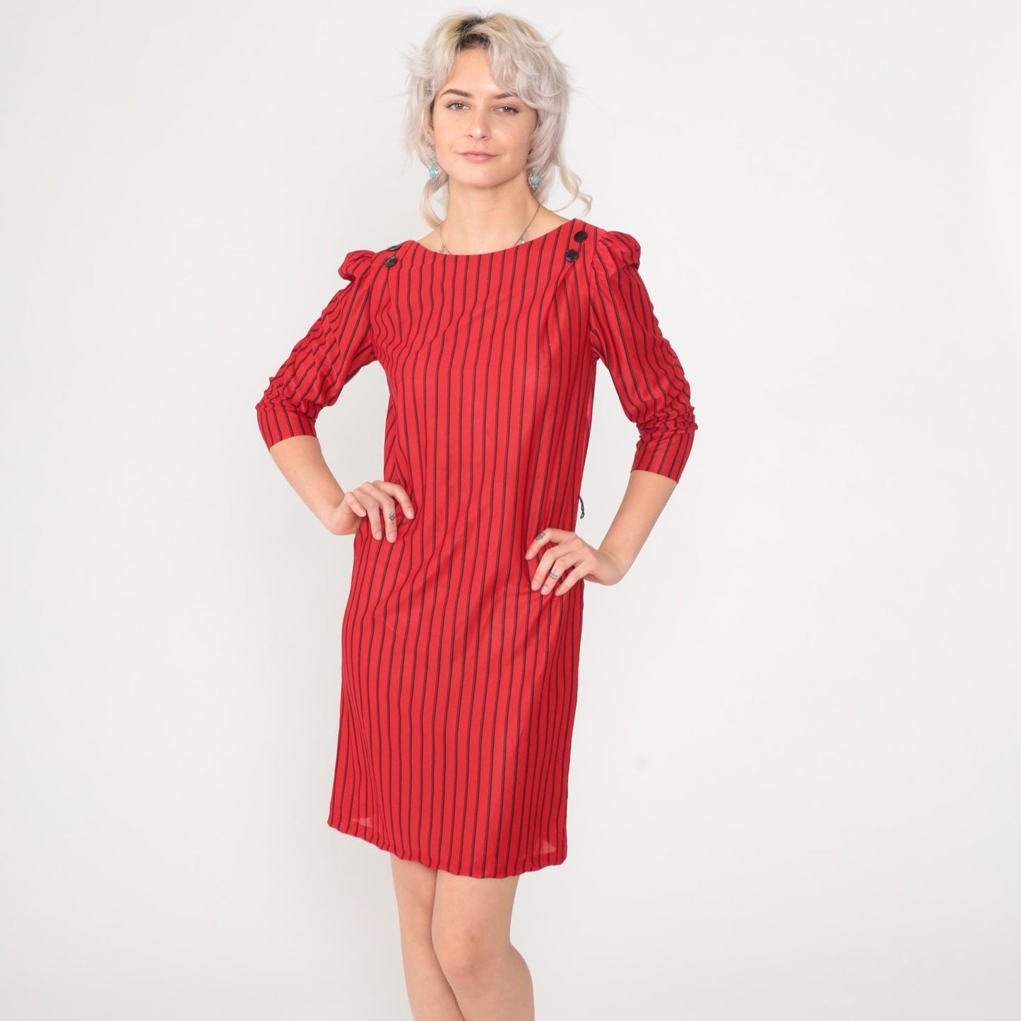 80s Red & Black Striped Mini Dress Puff Sleeve Button Back Small S
