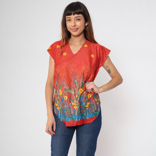 70s Red Floral Blouse V Neck Cap Sleeve Curved Hem Small
