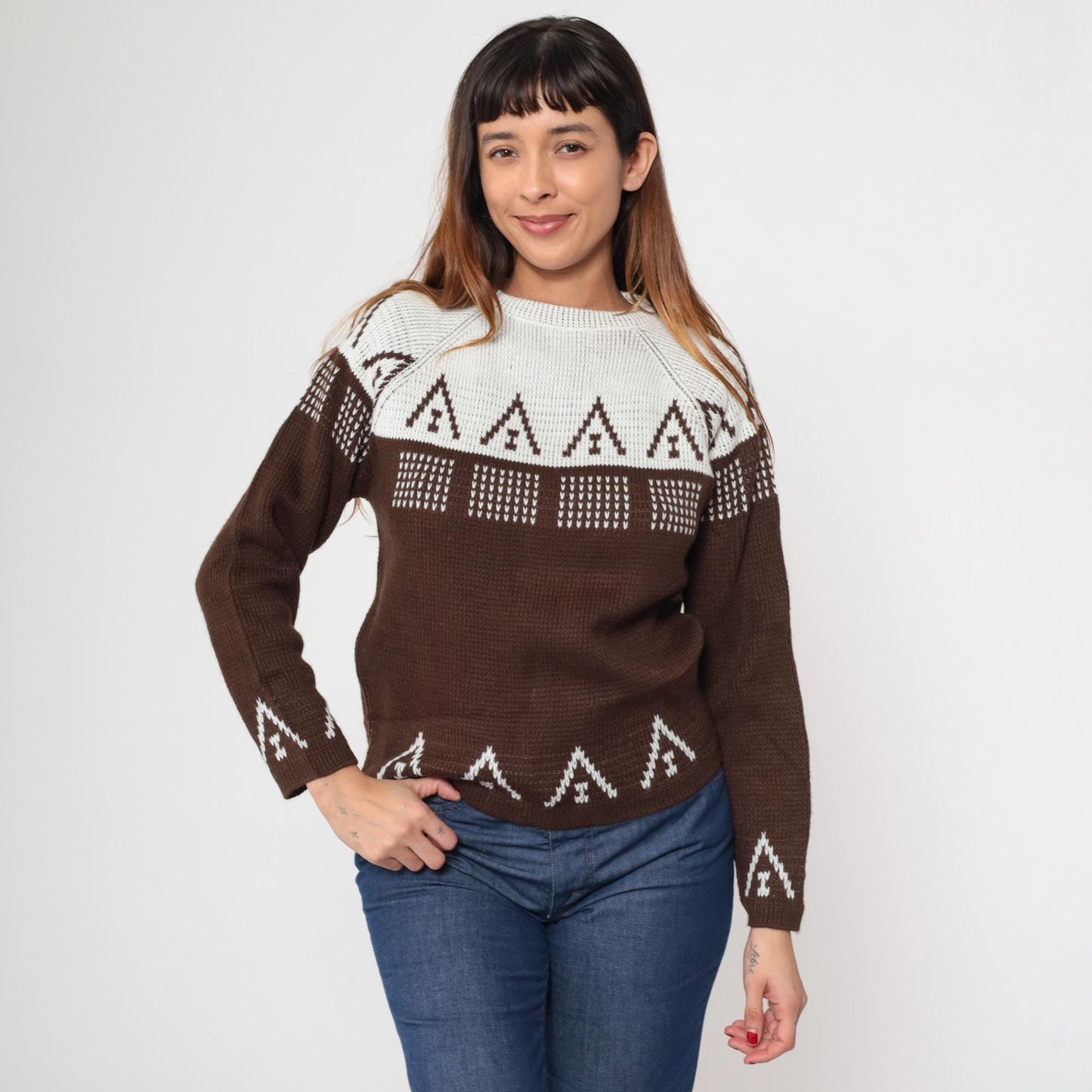 70s Carol Brent Geometric Color Block Sweater Brown White Raglan Small