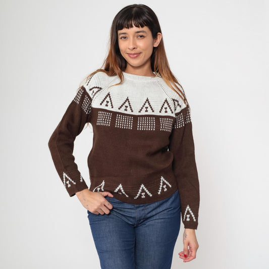 70s Carol Brent Geometric Color Block Sweater Brown White Raglan Small