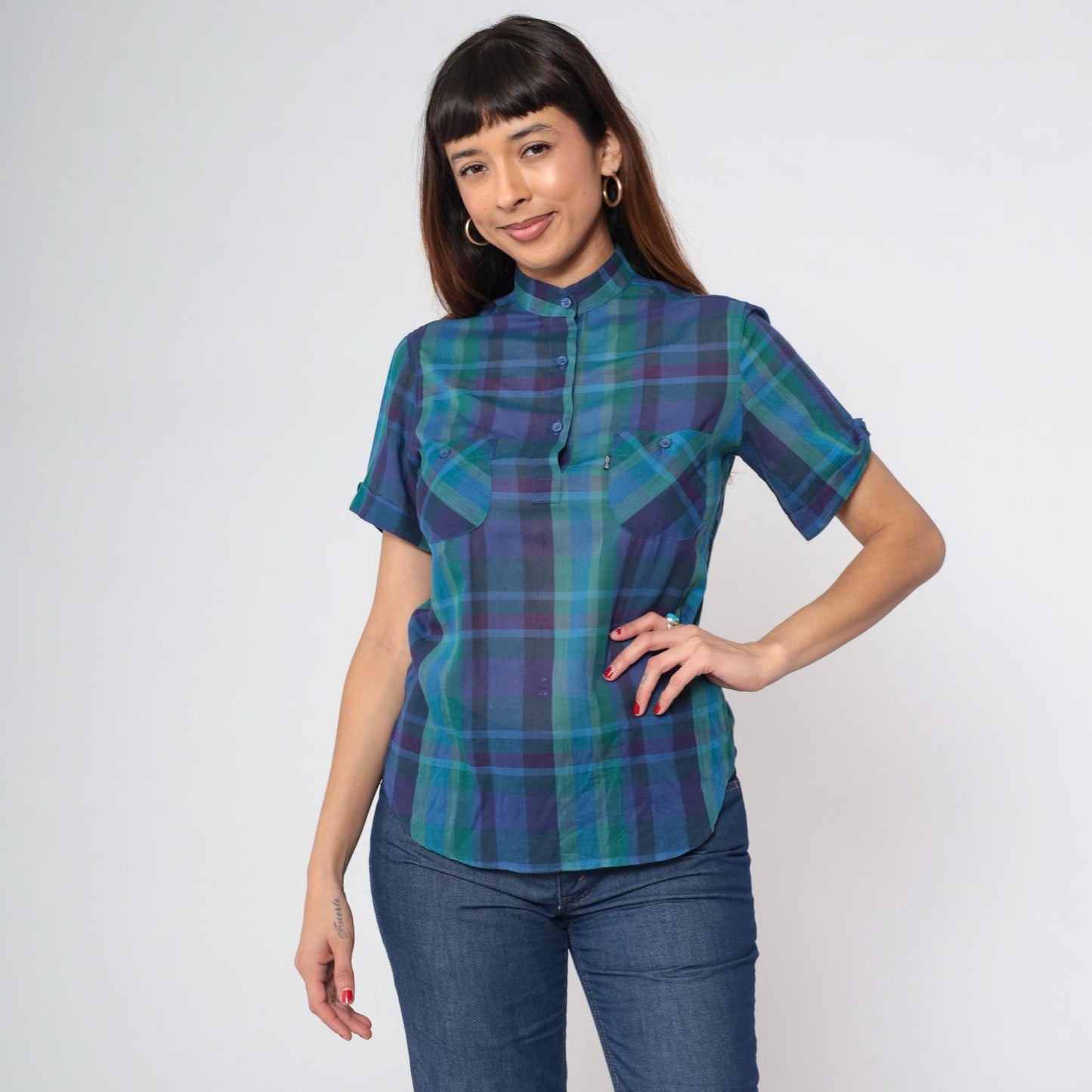 80s Levi's Plaid Button-Up Blouse Purple Blue Green Mandarin Collar Small S
