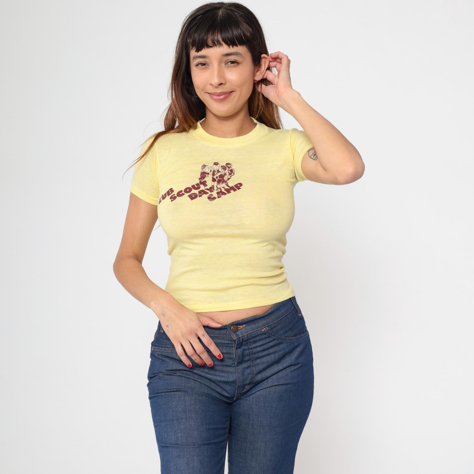 80s Cub Scout Day Camp Graphic Crop Tee Yellow Extra Small