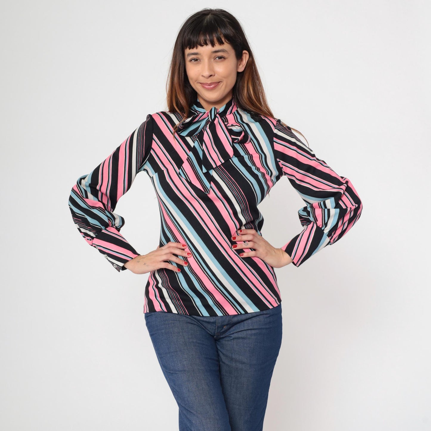 70s The Islander Striped Ascot Blouse Pink Blue Black Long Sleeve Small