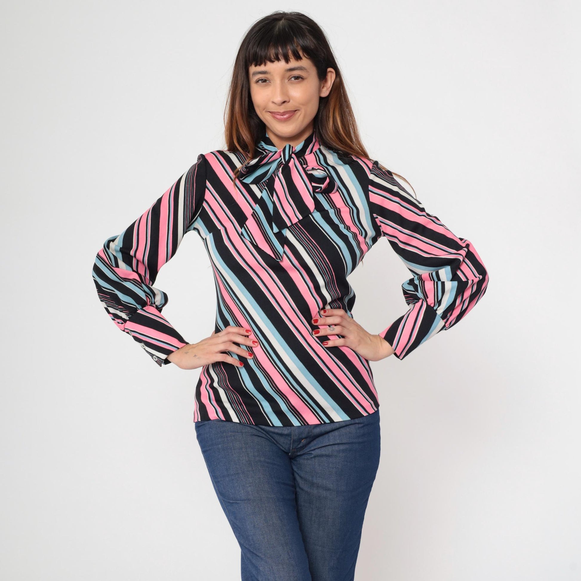 70s The Islander Striped Ascot Blouse Pink Blue Black Long Sleeve Small