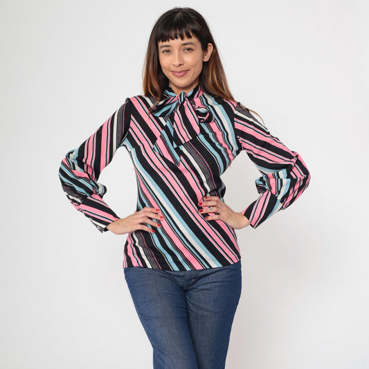 70s The Islander Striped Ascot Blouse Pink Blue Black Long Sleeve Small