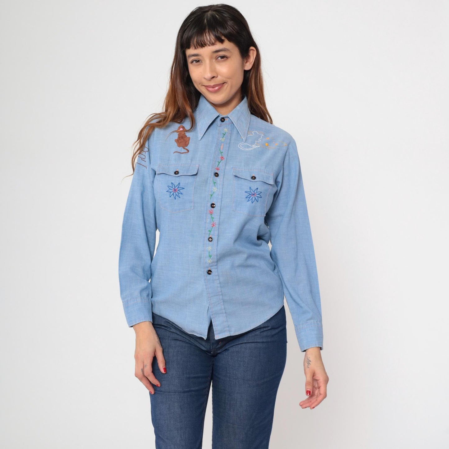 70s Montgomery Ward Chambray Shirt Embroidered Saguaro Cactus Mouse Blue Small