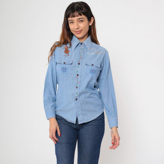 70s Montgomery Ward Chambray Shirt Embroidered Saguaro Cactus Mouse Blue Small