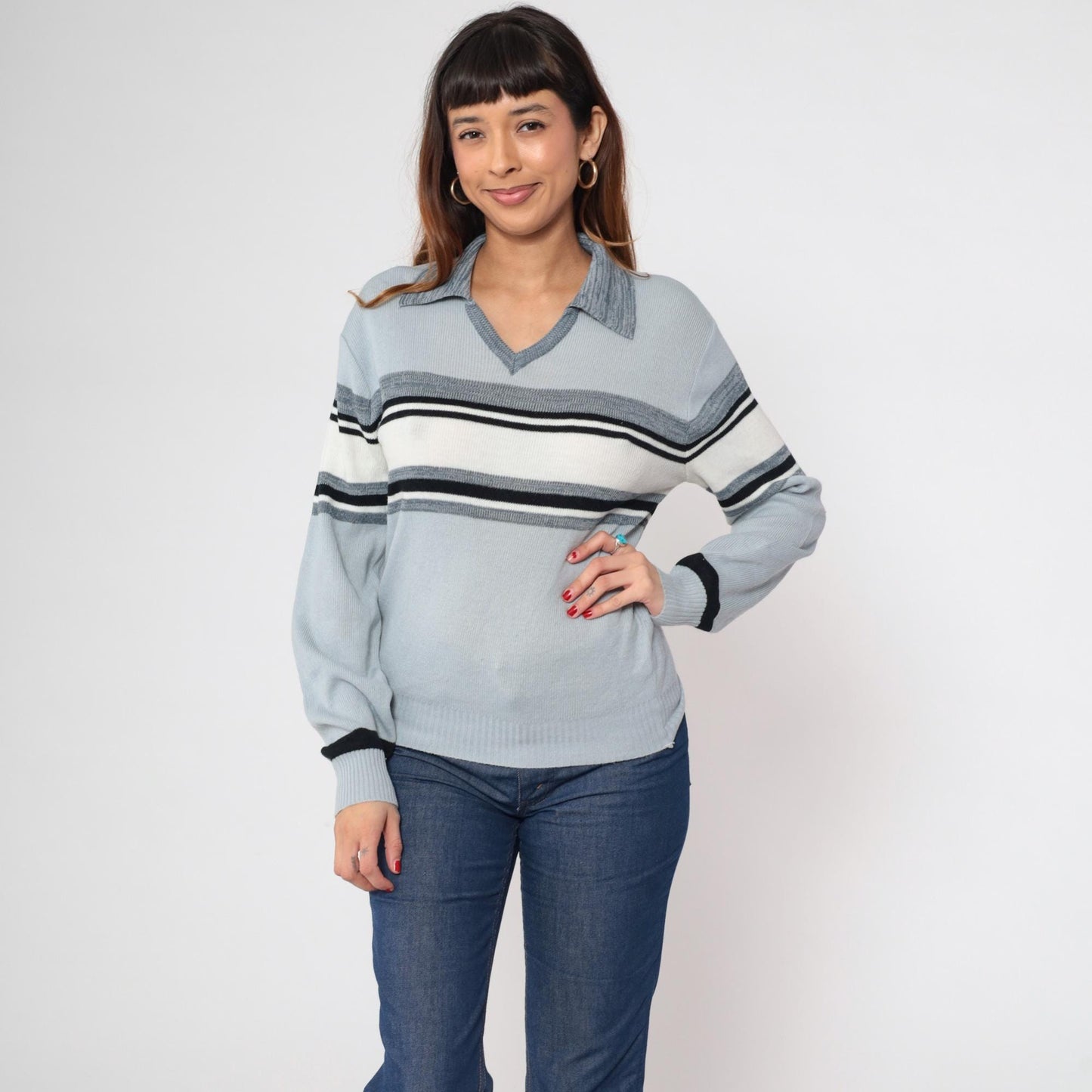 70s Blue Grey Striped Knit Sweater Collared V-Neck Small